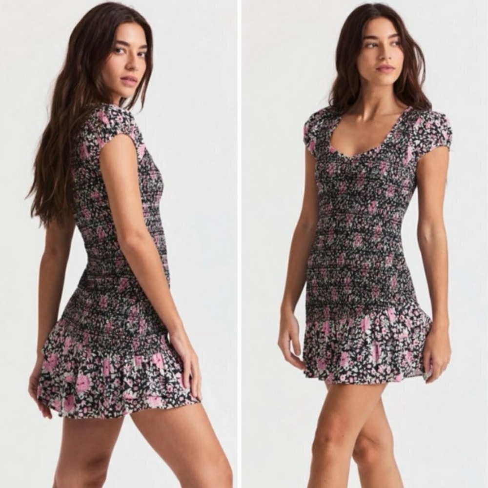 LoveShackFancy Black and Pink Trevor Floral Fitted Mini Dress